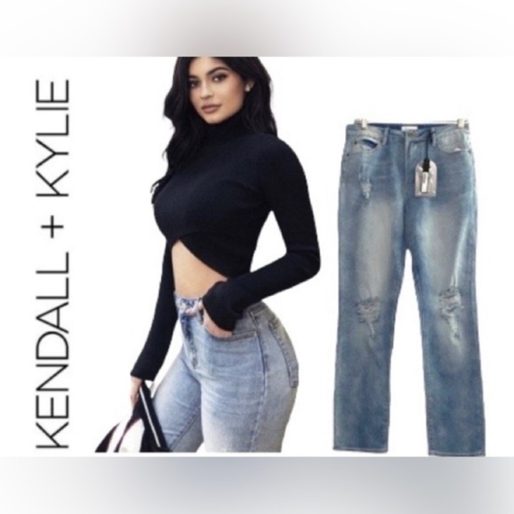 Kendall + Kylie High Rise Straight Leg Distressed Jeans Size 11 12 NWT